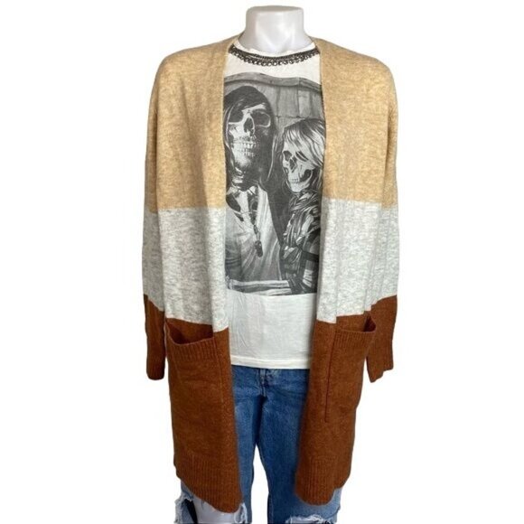 a new day Sweaters - A New Day Striped Cardigan Tan Grey Tawny Long Acrylic Sweater Size XS